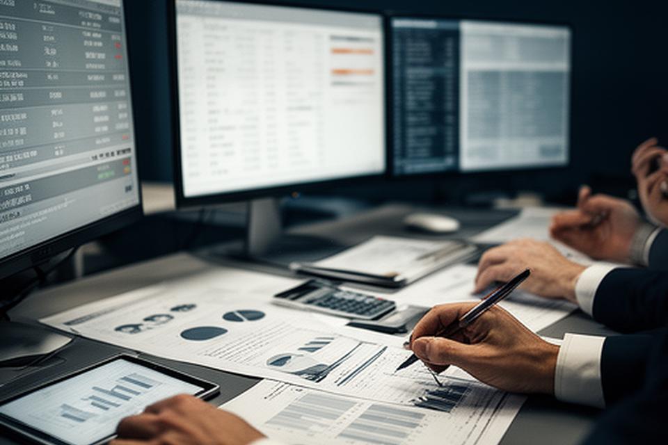 Despacho jurídico con analistas revisando balances y pantallas de datos para un caso mercantil