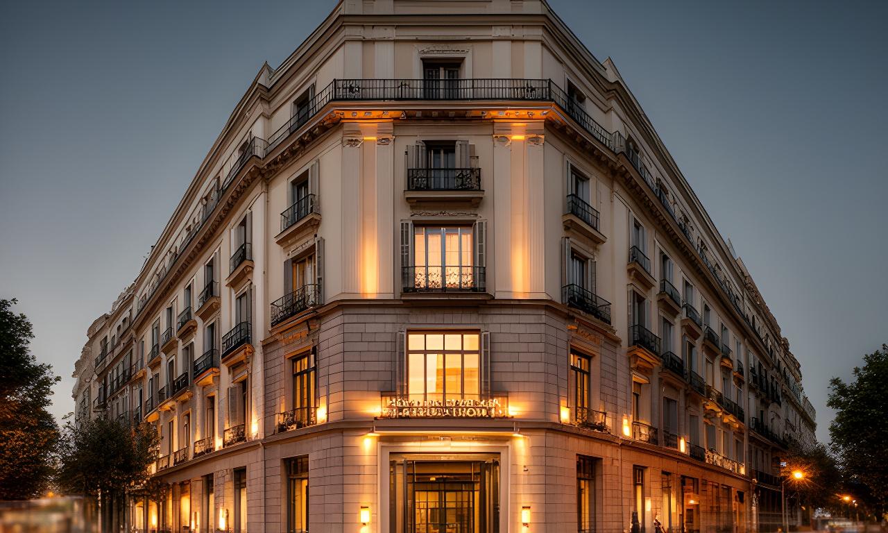 Fachada sobria de un despacho jurídico en Madrid con luz cálida al anochecer