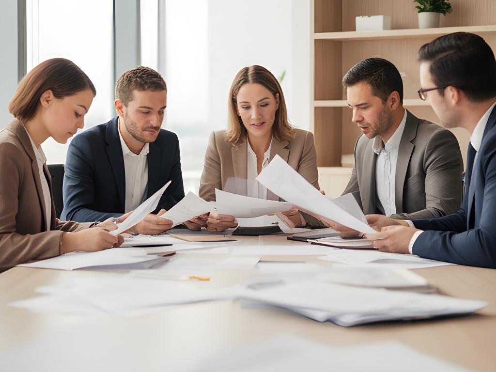 Equipo de abogados revisando documentación en una oficina luminosa de Madrid