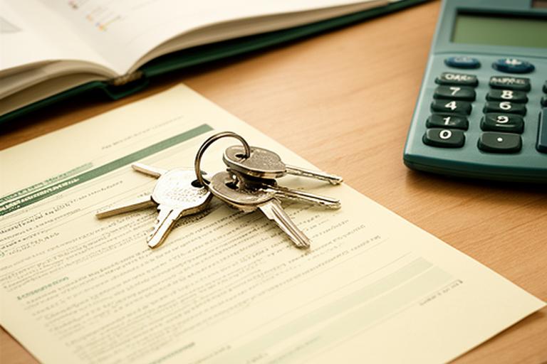 Mesa con llaves de una vivienda, contrato de alquiler y calculadora sobre fondo de oficina ordenada